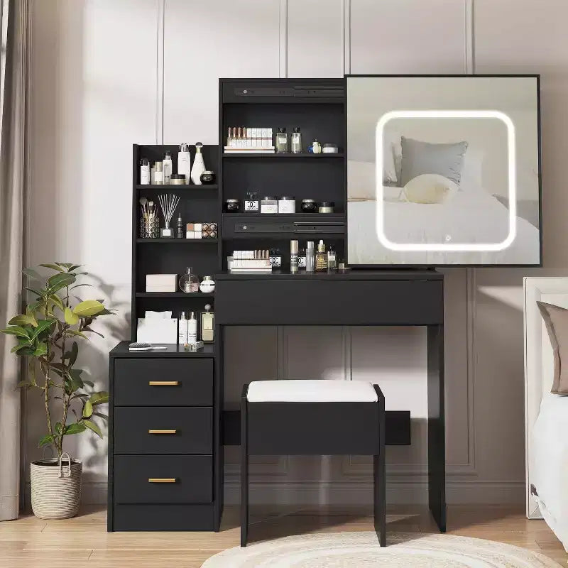 Acekool Dressers Set with Sliding Mirror, Touch Lighting, Charging Station, 4 Drawers & Shelves, Stool, Bedroom Vanity