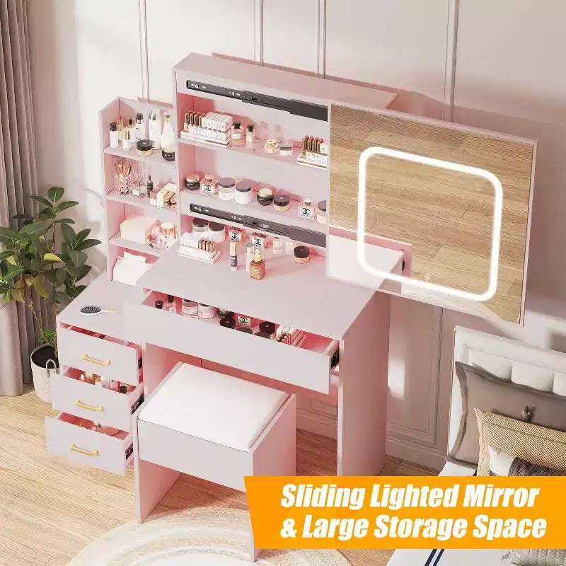 Commode avec miroir coulissant, éclairage tactile, station de recharge, 4 tiroirs et étagères, tabouret, coiffeuse de chambre