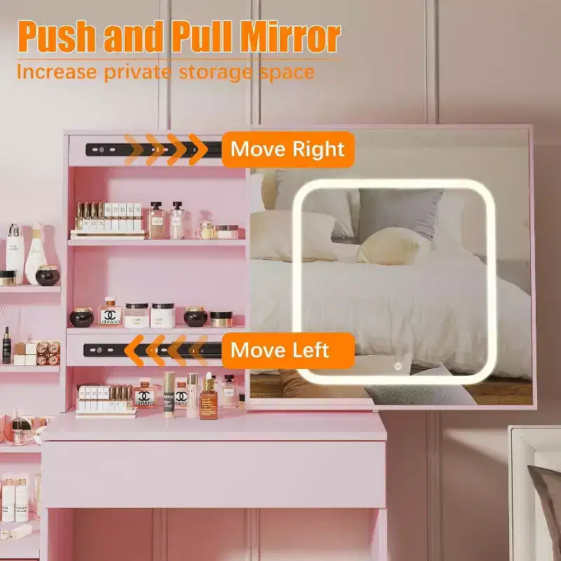 Commode avec miroir coulissant, éclairage tactile, station de recharge, 4 tiroirs et étagères, tabouret, coiffeuse de chambre