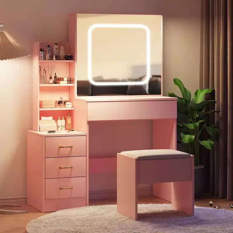 Commode avec miroir coulissant, éclairage tactile, station de recharge, 4 tiroirs et étagères, tabouret, coiffeuse de chambre