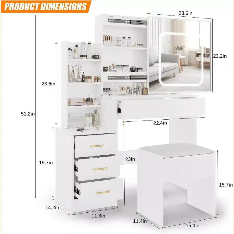 Commode avec miroir coulissant, éclairage tactile, station de recharge, 4 tiroirs et étagères, tabouret, coiffeuse de chambre