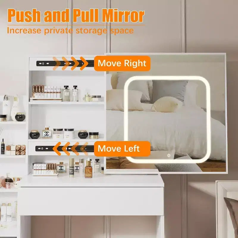 Commode avec miroir coulissant, éclairage tactile, station de recharge, 4 tiroirs et étagères, tabouret, coiffeuse de chambre