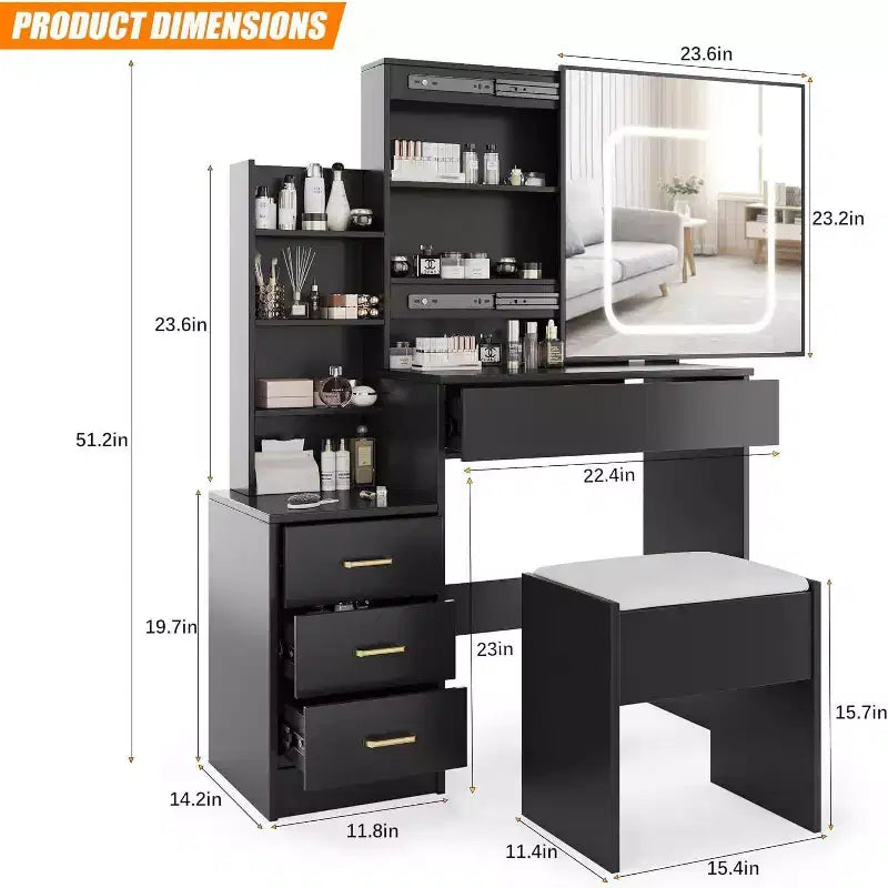 Commode avec miroir coulissant, éclairage tactile, station de recharge, 4 tiroirs et étagères, tabouret, coiffeuse de chambre
