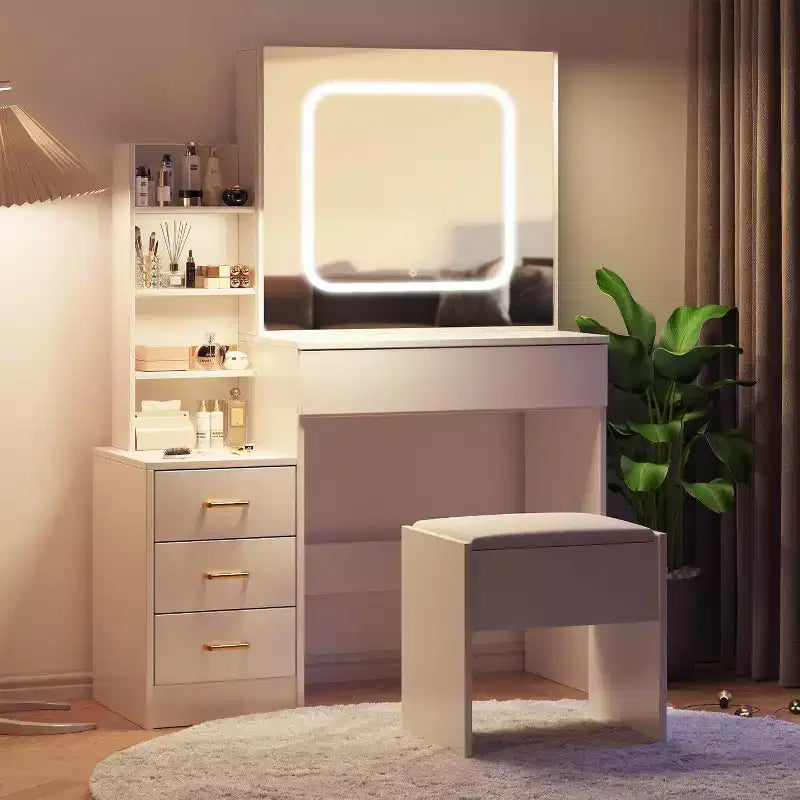 Commode avec miroir coulissant, éclairage tactile, station de recharge, 4 tiroirs et étagères, tabouret, coiffeuse de chambre