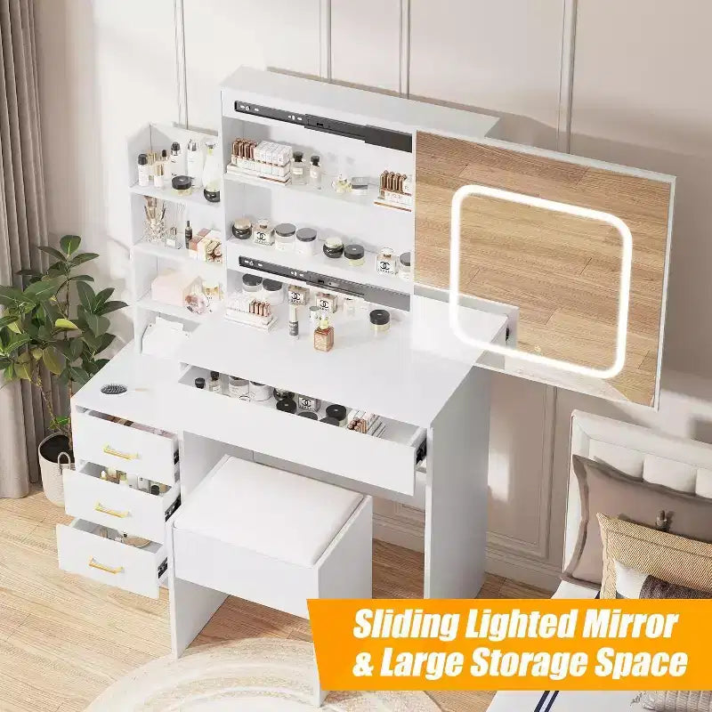 Commode avec miroir coulissant, éclairage tactile, station de recharge, 4 tiroirs et étagères, tabouret, coiffeuse de chambre