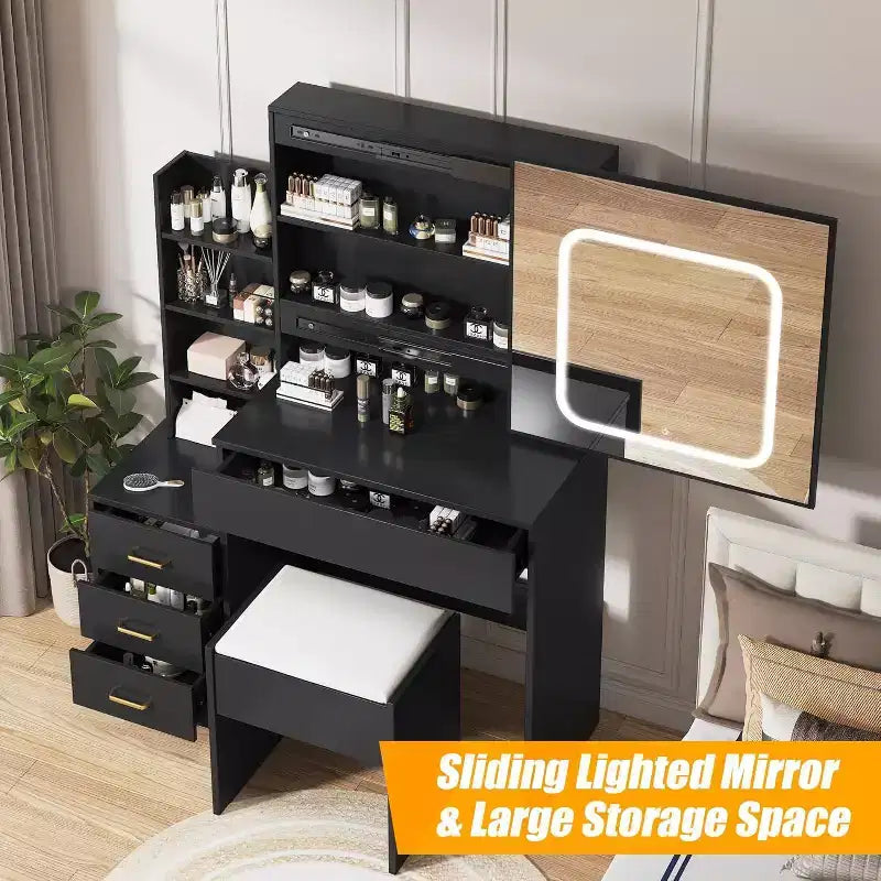 Commode avec miroir coulissant, éclairage tactile, station de recharge, 4 tiroirs et étagères, tabouret, coiffeuse de chambre