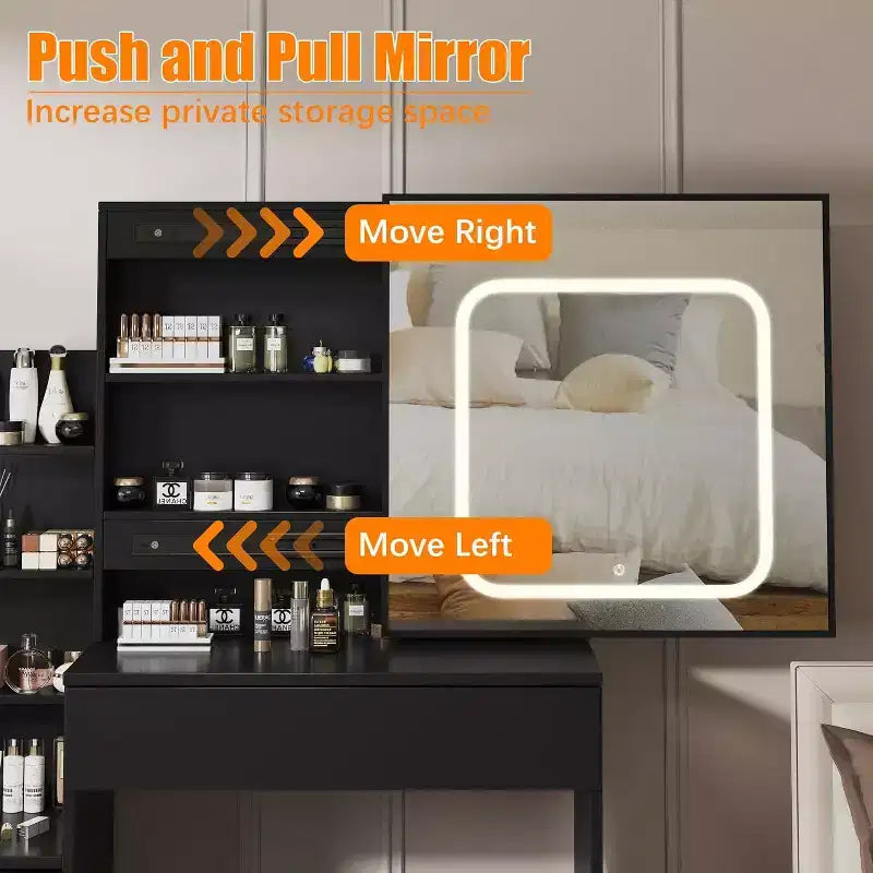 Commode avec miroir coulissant, éclairage tactile, station de recharge, 4 tiroirs et étagères, tabouret, coiffeuse de chambre