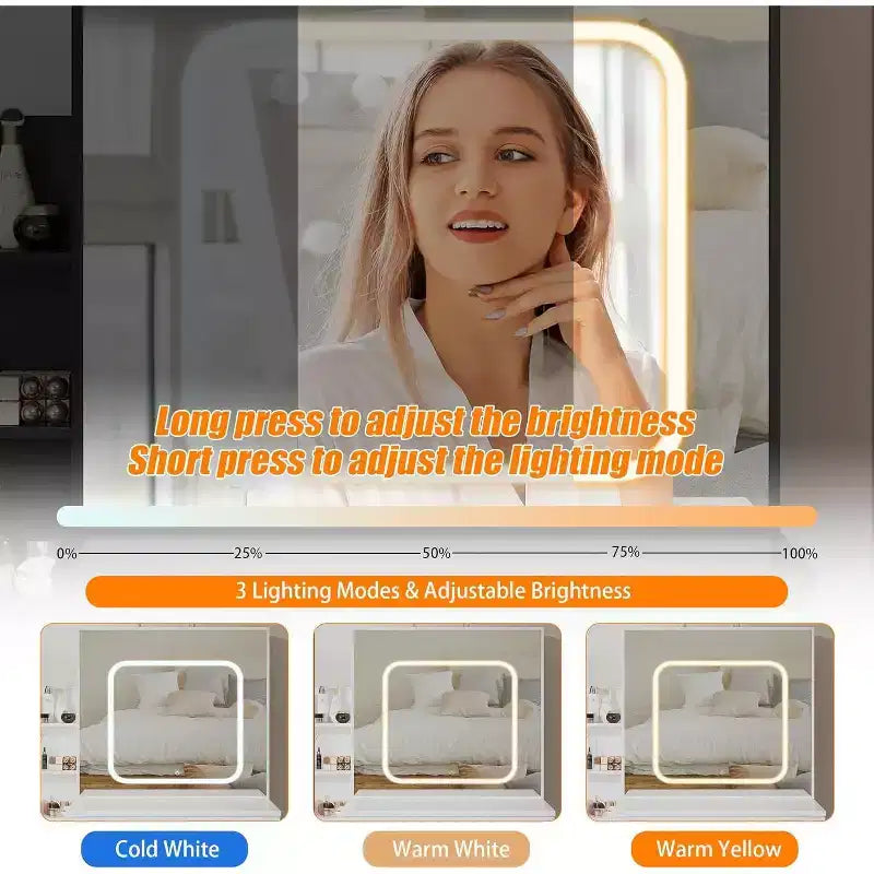 Commode avec miroir coulissant, éclairage tactile, station de recharge, 4 tiroirs et étagères, tabouret, coiffeuse de chambre