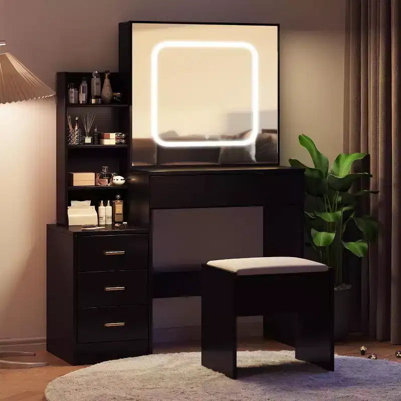 Commode avec miroir coulissant, éclairage tactile, station de recharge, 4 tiroirs et étagères, tabouret, coiffeuse de chambre