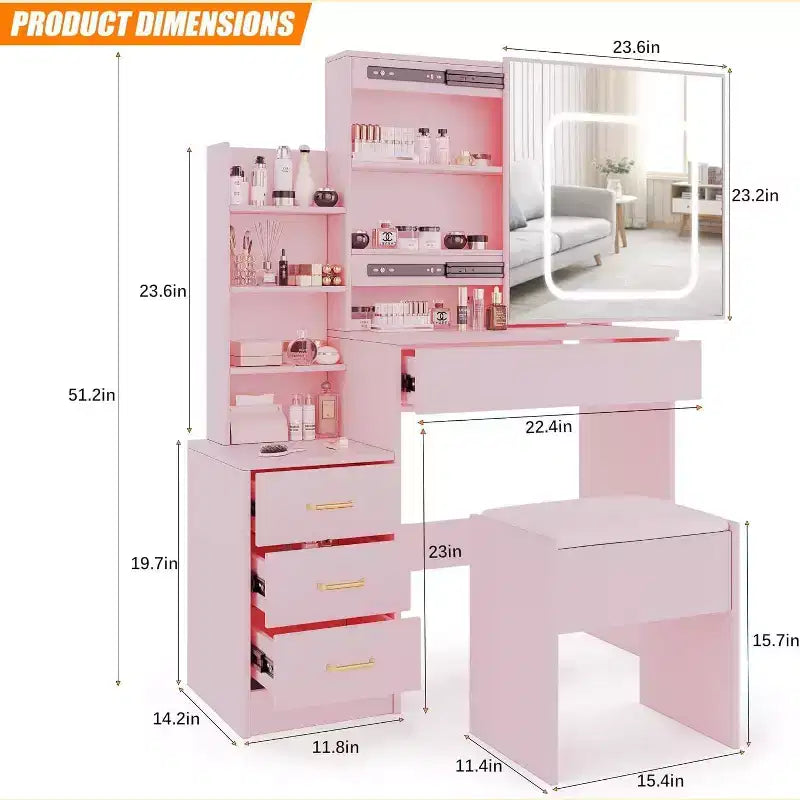 Commode avec miroir coulissant, éclairage tactile, station de recharge, 4 tiroirs et étagères, tabouret, coiffeuse de chambre