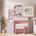 Commode avec miroir coulissant, éclairage tactile, station de recharge, 4 tiroirs et étagères, tabouret, coiffeuse de chambre