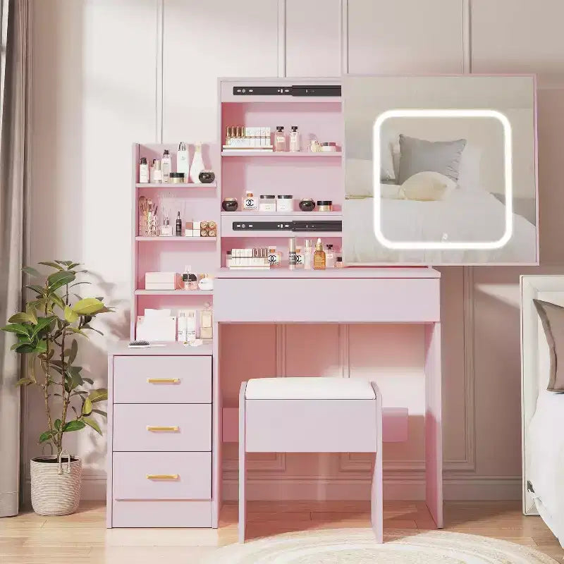 Commode avec miroir coulissant, éclairage tactile, station de recharge, 4 tiroirs et étagères, tabouret, coiffeuse de chambre