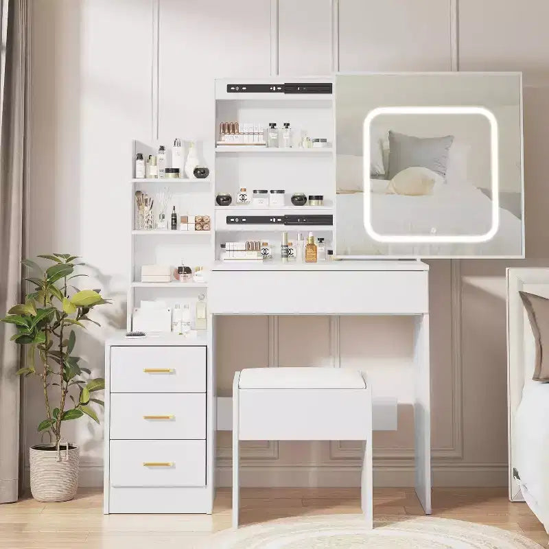 Commode avec miroir coulissant, éclairage tactile, station de recharge, 4 tiroirs et étagères, tabouret, coiffeuse de chambre