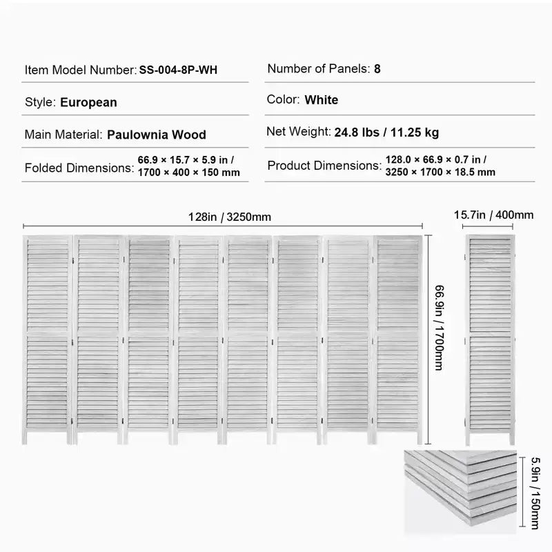 Paravent en bois, cloison de séparation pliable en bois à 8 panneaux, paravent intérieur à persiennes de 170 cm de hauteur, écran de décoration portable