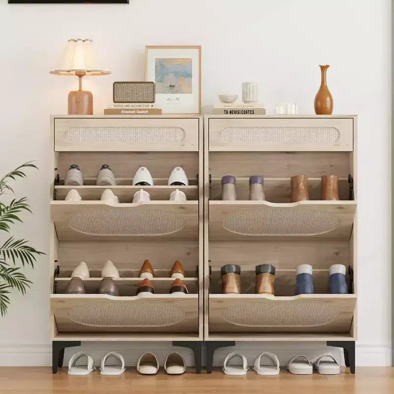 Meuble à chaussures en rotin avec 2 tiroirs basculants et 1 tiroir coulissant, étagères réglables, pieds en métal, rangement d'entrée peu encombrant