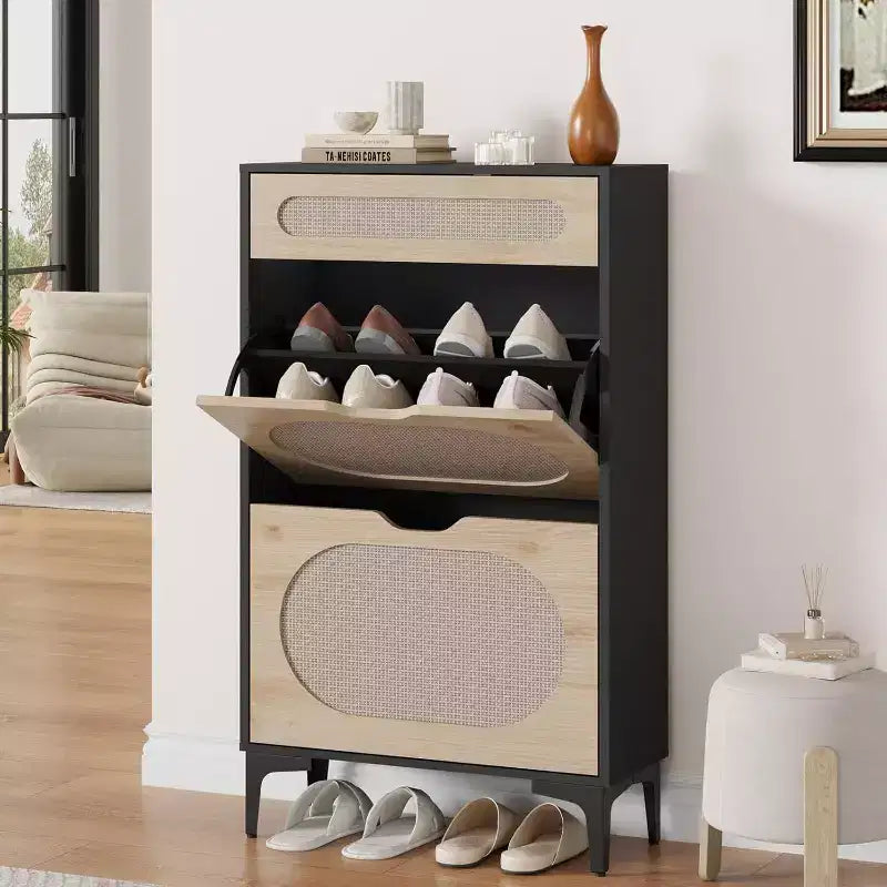 Acekool Rattan Shoe Cabinet with 2 Flip Drawers & 1 Pull-Out Drawer, Adjustable Shelves, Metal Legs, Space-Saving Entryway Storage