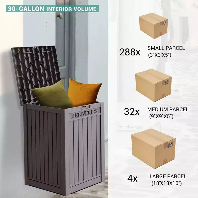 Chic Crate-Boîte de livraison de colis, Grande boîte de rangement verrouillable, Boîte de livraison de colis extérieure en résine à double paroi et boîte de rangement de terrasse étanche pour porche, patios