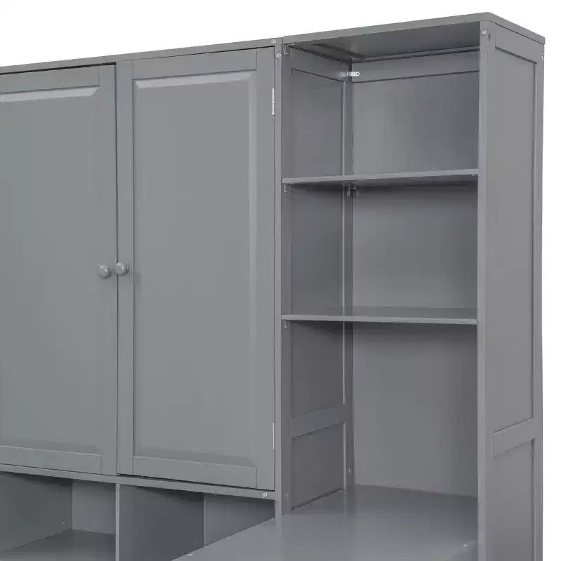 Lit de repos en bois double/grand format avec bureau tout-en-un, étagères et 3 tiroirs, meuble peu encombrant d'une capacité de 181 kg, blanc/gris