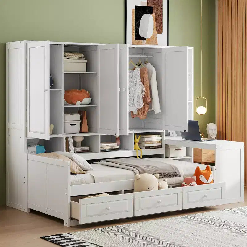Lit de repos en bois double/grand format avec bureau tout-en-un, étagères et 3 tiroirs, meuble peu encombrant d'une capacité de 181 kg, blanc/gris