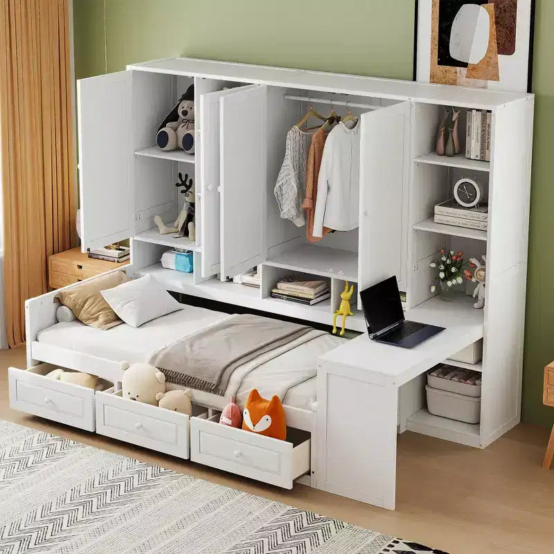Lit de repos en bois double/grand format avec bureau tout-en-un, étagères et 3 tiroirs, meuble peu encombrant d'une capacité de 181 kg, blanc/gris