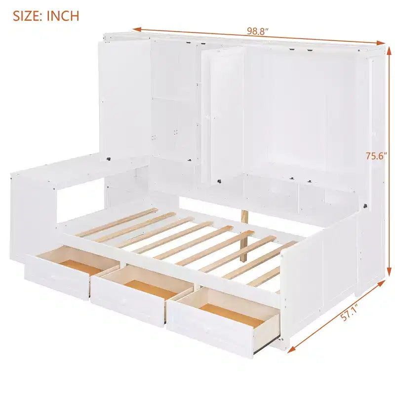 Lit de repos en bois double/grand format avec bureau tout-en-un, étagères et 3 tiroirs, meuble peu encombrant d'une capacité de 181 kg, blanc/gris