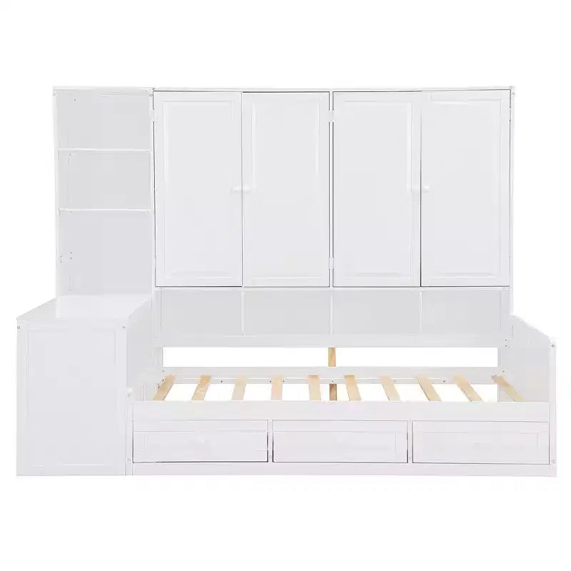 Lit de repos en bois double/grand format avec bureau tout-en-un, étagères et 3 tiroirs, meuble peu encombrant d'une capacité de 181 kg, blanc/gris