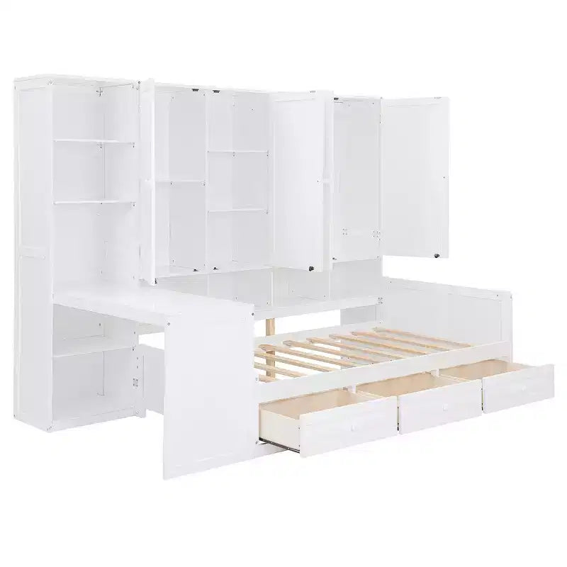 Lit de repos en bois double/grand format avec bureau tout-en-un, étagères et 3 tiroirs, meuble peu encombrant d'une capacité de 181 kg, blanc/gris