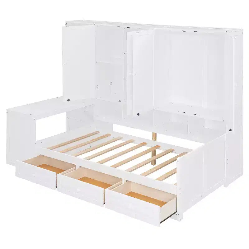 Lit de repos en bois double/grand format avec bureau tout-en-un, étagères et 3 tiroirs, meuble peu encombrant d'une capacité de 181 kg, blanc/gris