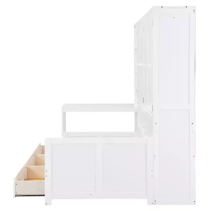 Lit de repos en bois double/grand format avec bureau tout-en-un, étagères et 3 tiroirs, meuble peu encombrant d'une capacité de 181 kg, blanc/gris
