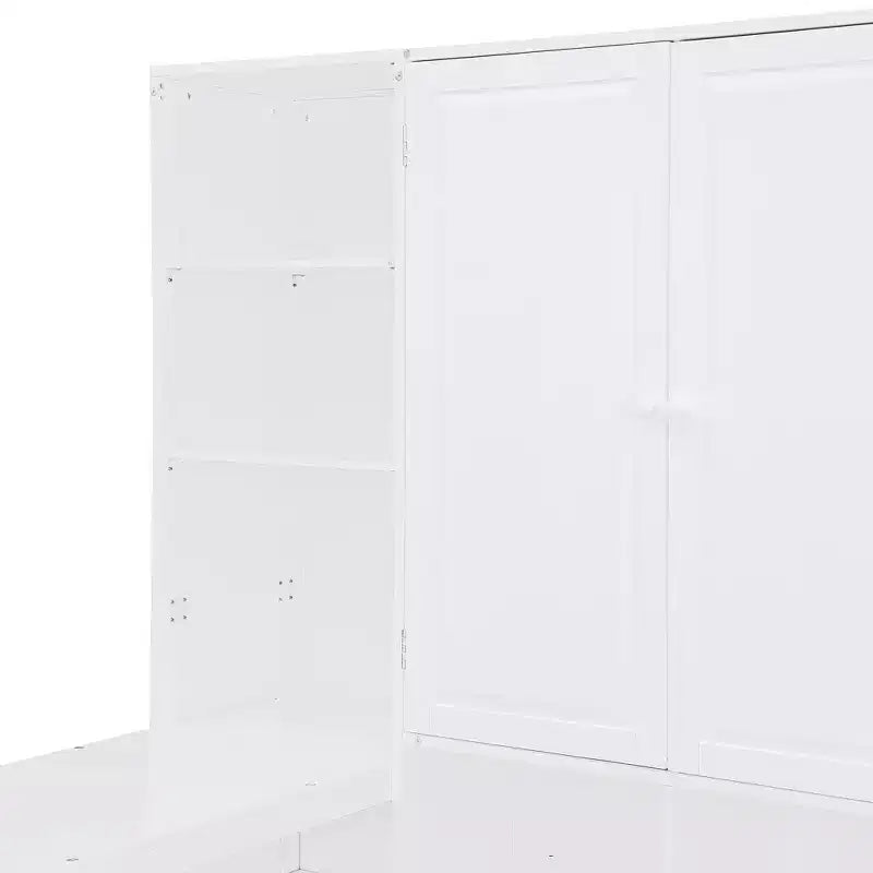 Lit de repos en bois double/grand format avec bureau tout-en-un, étagères et 3 tiroirs, meuble peu encombrant d'une capacité de 181 kg, blanc/gris