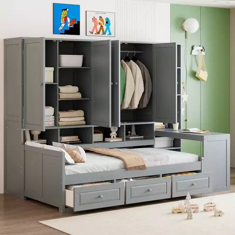 Lit de repos en bois double/grand format avec bureau tout-en-un, étagères et 3 tiroirs, meuble peu encombrant d'une capacité de 181 kg, blanc/gris