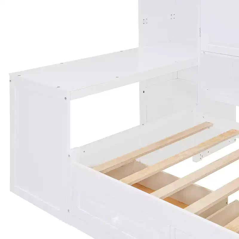 Lit de repos en bois double/grand format avec bureau tout-en-un, étagères et 3 tiroirs, meuble peu encombrant d'une capacité de 181 kg, blanc/gris