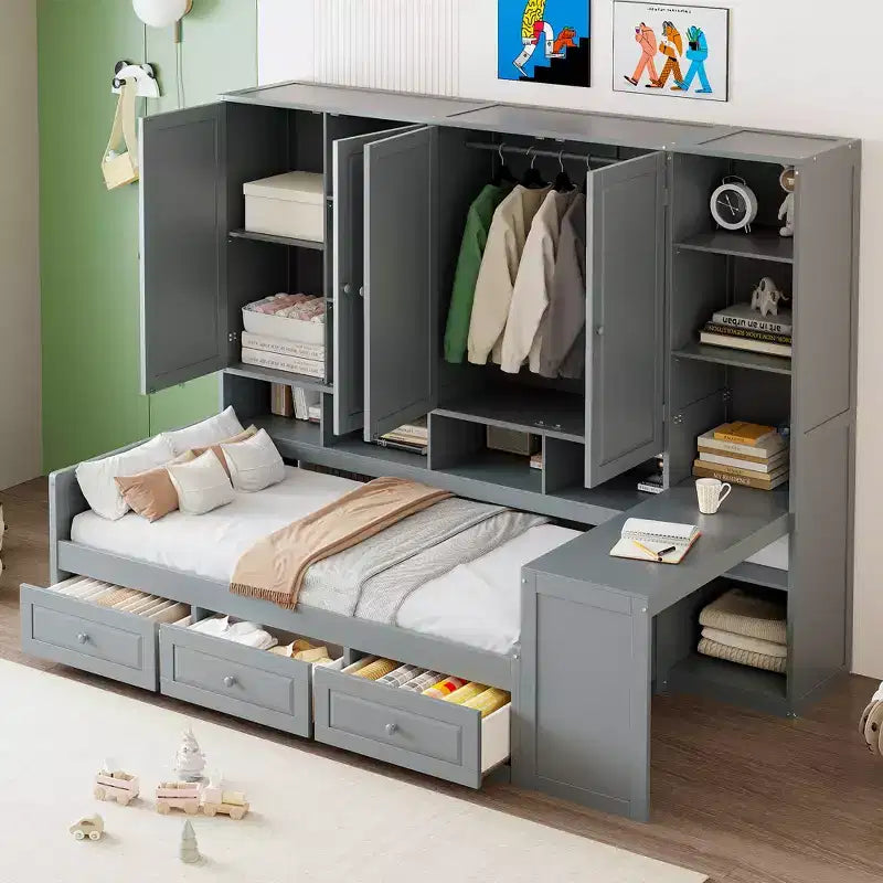Lit de repos en bois double/grand format avec bureau tout-en-un, étagères et 3 tiroirs, meuble peu encombrant d'une capacité de 181 kg, blanc/gris