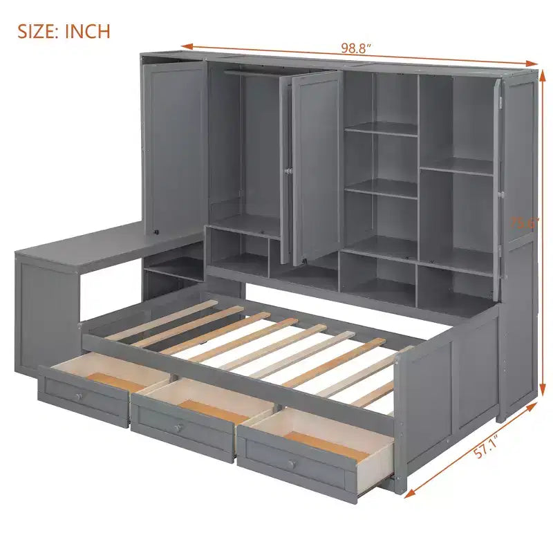 Lit de repos en bois double/grand format avec bureau tout-en-un, étagères et 3 tiroirs, meuble peu encombrant d'une capacité de 181 kg, blanc/gris