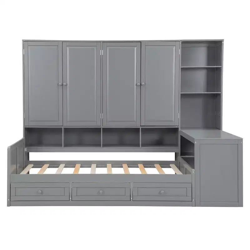Lit de repos en bois double/grand format avec bureau tout-en-un, étagères et 3 tiroirs, meuble peu encombrant d'une capacité de 181 kg, blanc/gris