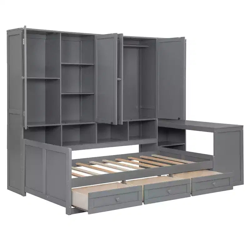 Lit de repos en bois double/grand format avec bureau tout-en-un, étagères et 3 tiroirs, meuble peu encombrant d'une capacité de 181 kg, blanc/gris