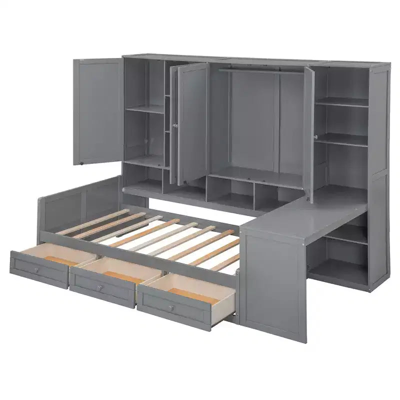 Lit de repos en bois double/grand format avec bureau tout-en-un, étagères et 3 tiroirs, meuble peu encombrant d'une capacité de 181 kg, blanc/gris