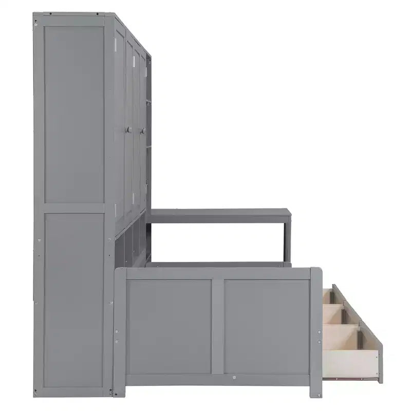 Lit de repos en bois double/grand format avec bureau tout-en-un, étagères et 3 tiroirs, meuble peu encombrant d'une capacité de 181 kg, blanc/gris