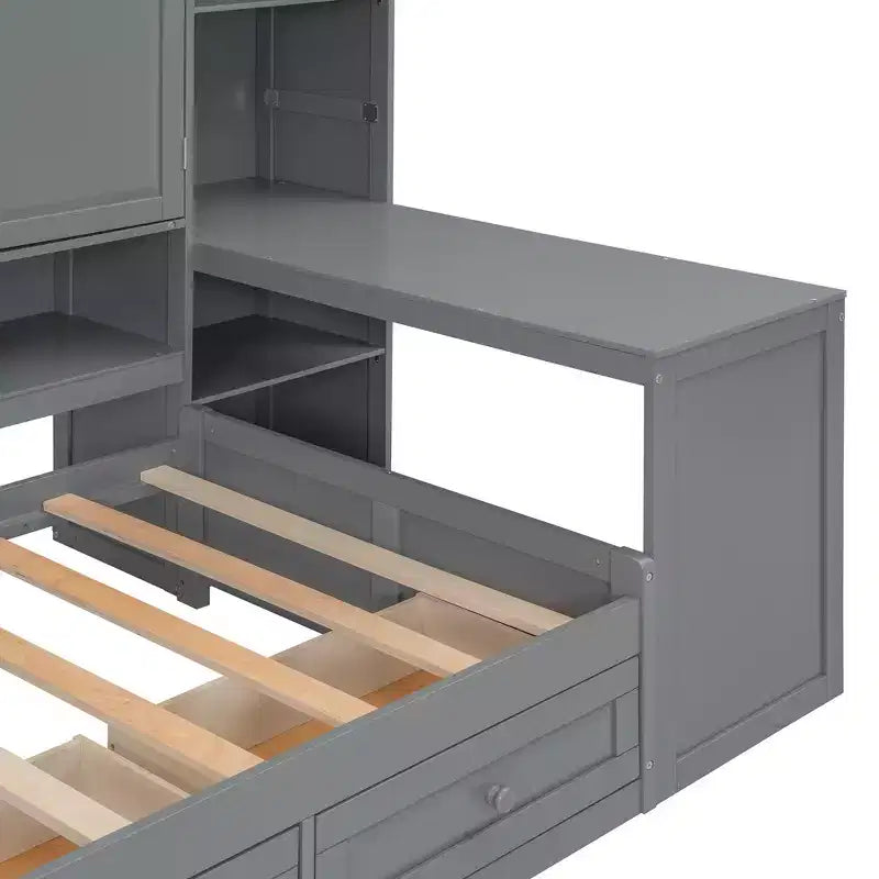 Lit de repos en bois double/grand format avec bureau tout-en-un, étagères et 3 tiroirs, meuble peu encombrant d'une capacité de 181 kg, blanc/gris
