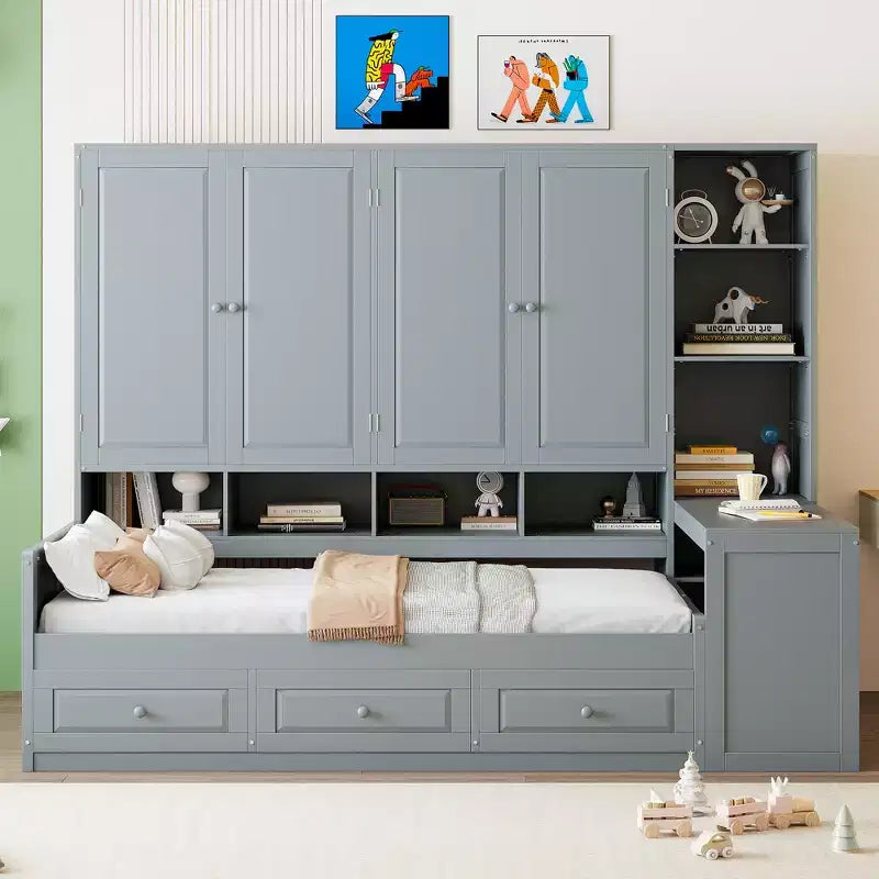 Twin/Full Size Wooden Daybed with All-in-One Desk, Shelves & 3 Drawers, Space-Saving Furniture with 400lb Capacity, White/Gray - ModernLuxe