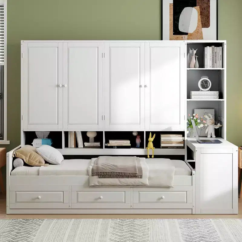 Lit de repos en bois double/grand format avec bureau tout-en-un, étagères et 3 tiroirs, meuble peu encombrant d'une capacité de 181 kg, blanc/gris