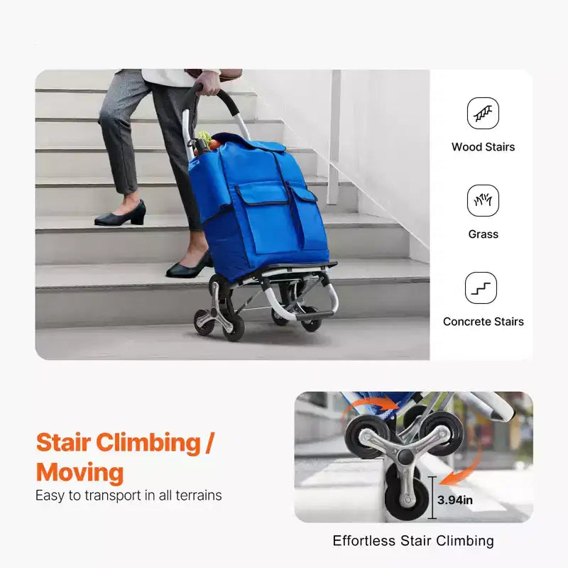 Chariot de courses pliable avec sac en tissu Oxford, chariot de courses pliant 36L, chariot de courses pour la lessive, chariot à roulettes pour escaliers avec 6 roues