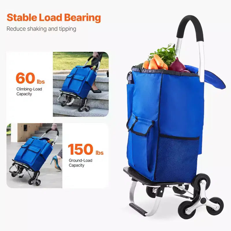 Chariot de courses pliable avec sac en tissu Oxford, chariot de courses pliant 36L, chariot de courses pour la lessive, chariot à roulettes pour escaliers avec 6 roues