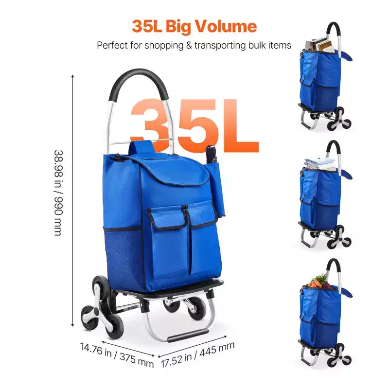 Chariot de courses pliable avec sac en tissu Oxford, chariot de courses pliant 36L, chariot de courses pour la lessive, chariot à roulettes pour escaliers avec 6 roues