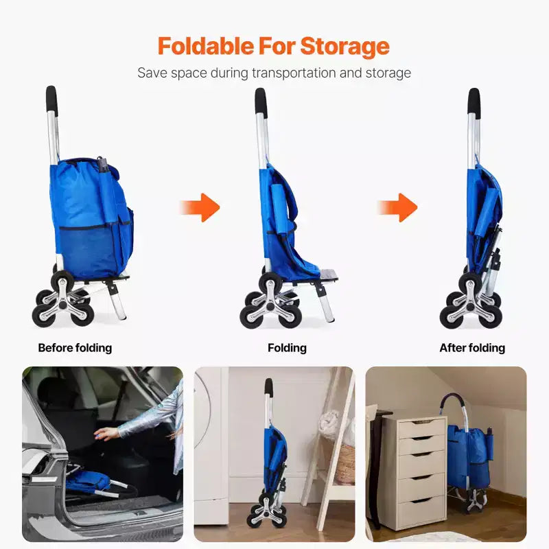 Chariot de courses pliable avec sac en tissu Oxford, chariot de courses pliant 36L, chariot de courses pour la lessive, chariot à roulettes pour escaliers avec 6 roues