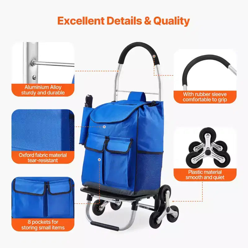 Chariot de courses pliable avec sac en tissu Oxford, chariot de courses pliant 36L, chariot de courses pour la lessive, chariot à roulettes pour escaliers avec 6 roues