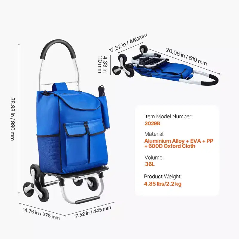 Chariot de courses pliable avec sac en tissu Oxford, chariot de courses pliant 36L, chariot de courses pour la lessive, chariot à roulettes pour escaliers avec 6 roues