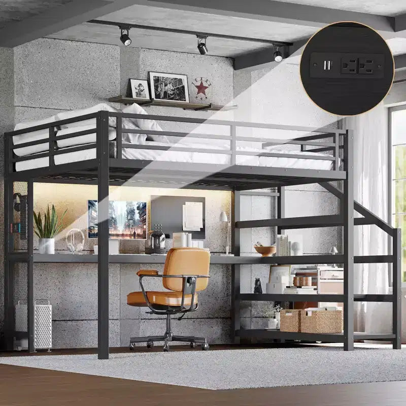 Queen Loft Bed with Desk and Storage Stairs Metal Loft Beds with LED Lights USB Ports Multifunctional Iron Nets No Spring Box Black