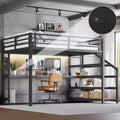 Queen Loft Bed with Desk and Storage Stairs Metal Loft Beds with LED Lights USB Ports Multifunctional Iron Nets No Spring Box Black