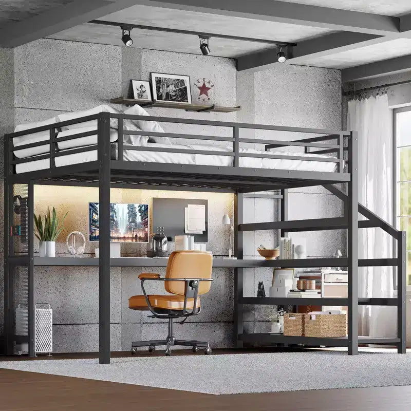 Lit mezzanine Queen avec bureau et escalier de rangement, lits mezzanine en métal avec lumières LED, ports USB, filets de fer multifonctionnels, sans sommier, noir